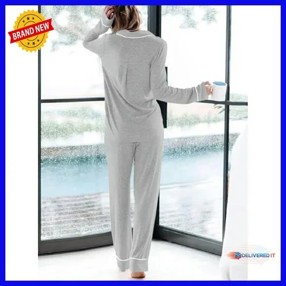 Soft Viscose Long Sleeve Pajama Set with Pockets Button Down Lounge